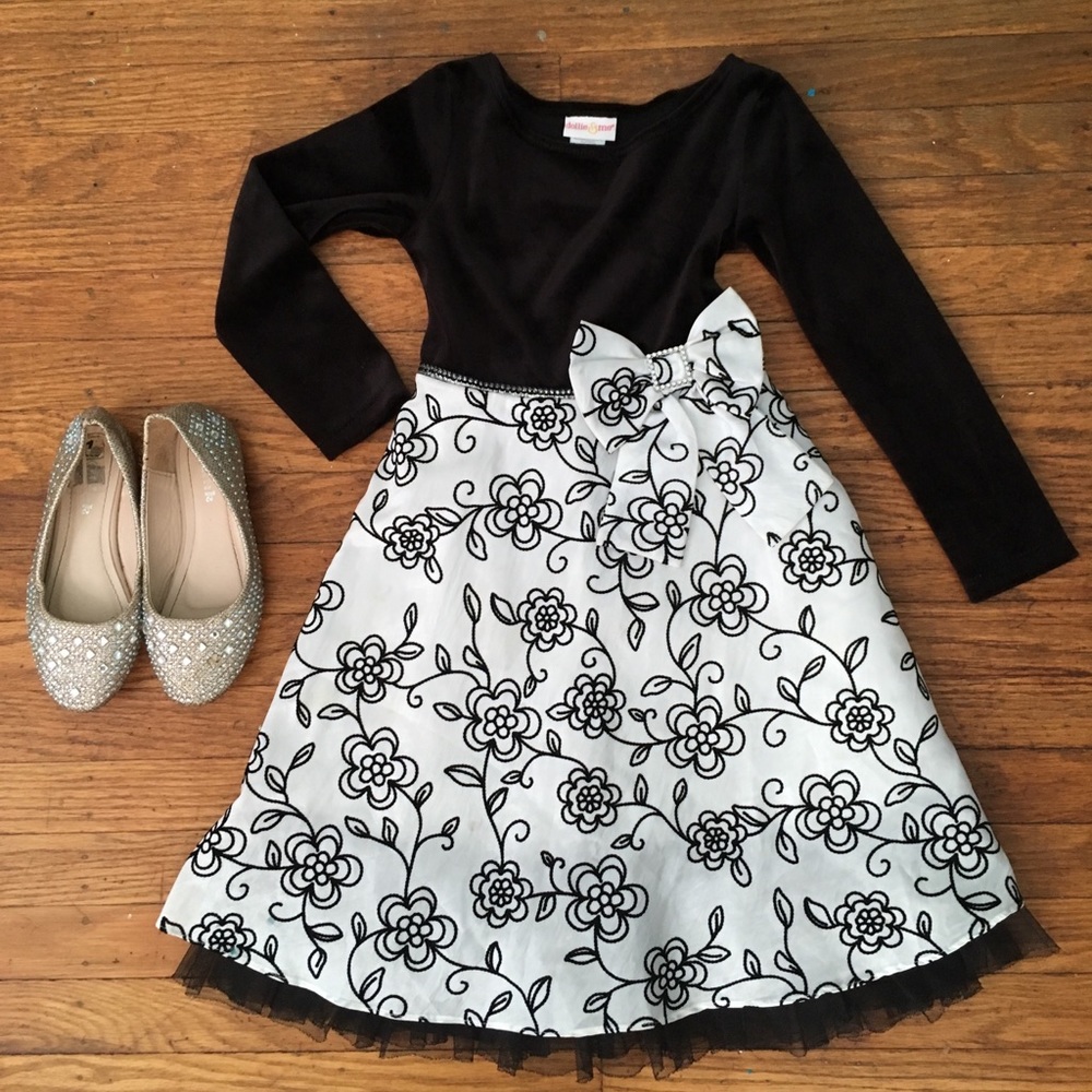 Girl’s Black Velvet and White Dress with Bow